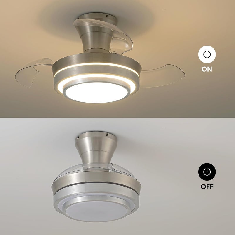 APBEAMLighting Retractable Small Led Ceiling Fan with Light and Remote 28 Inch Low Profile Brushed Nickle Modern Fandelier for Bedroom Living Room Dimmable 6 Speed Reversible Smart Ceiling Fan - Image 5